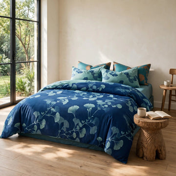 Set di biancheria da letto vintage in cotone con foglie di ginkgo - Blu - Matrimoniale Grande - image 0