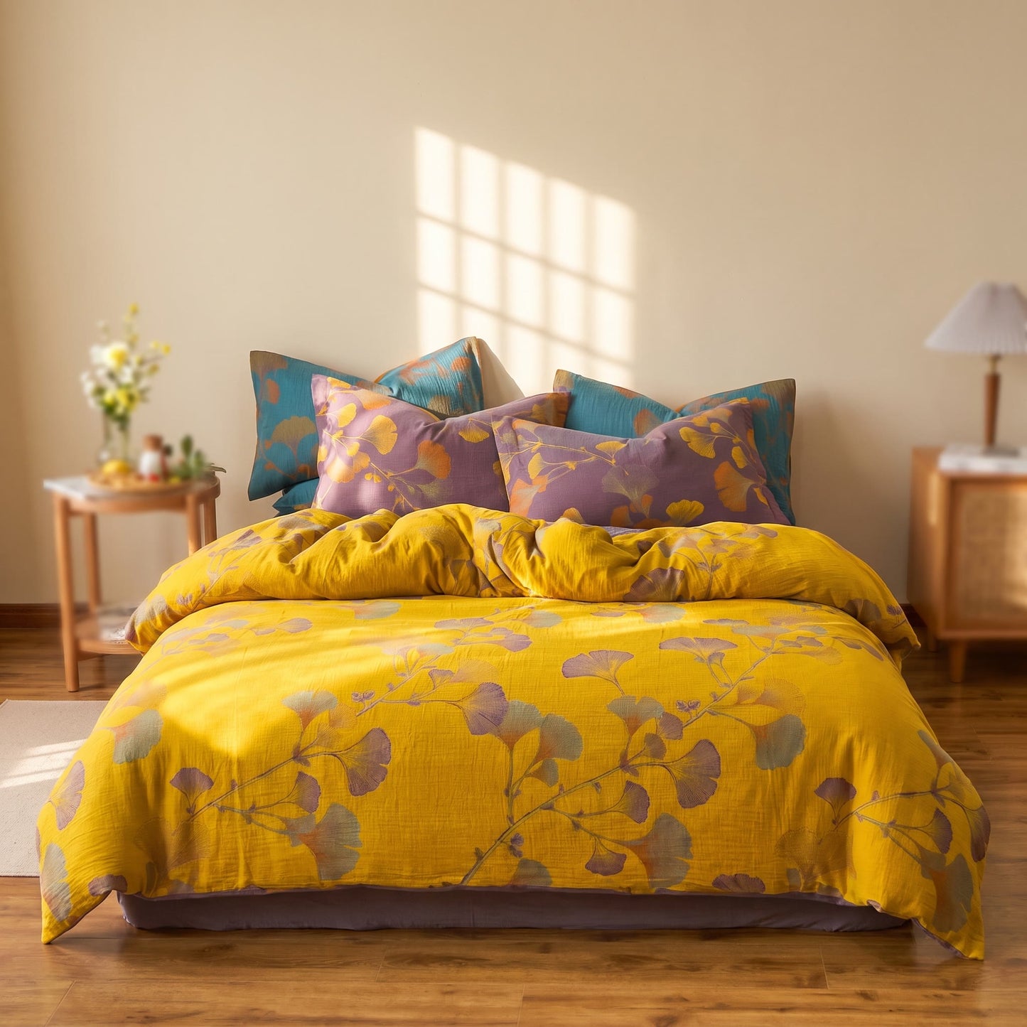 Set di biancheria da letto vintage in cotone con foglie di ginkgo - Giallo - Matrimoniale Grande - image 7