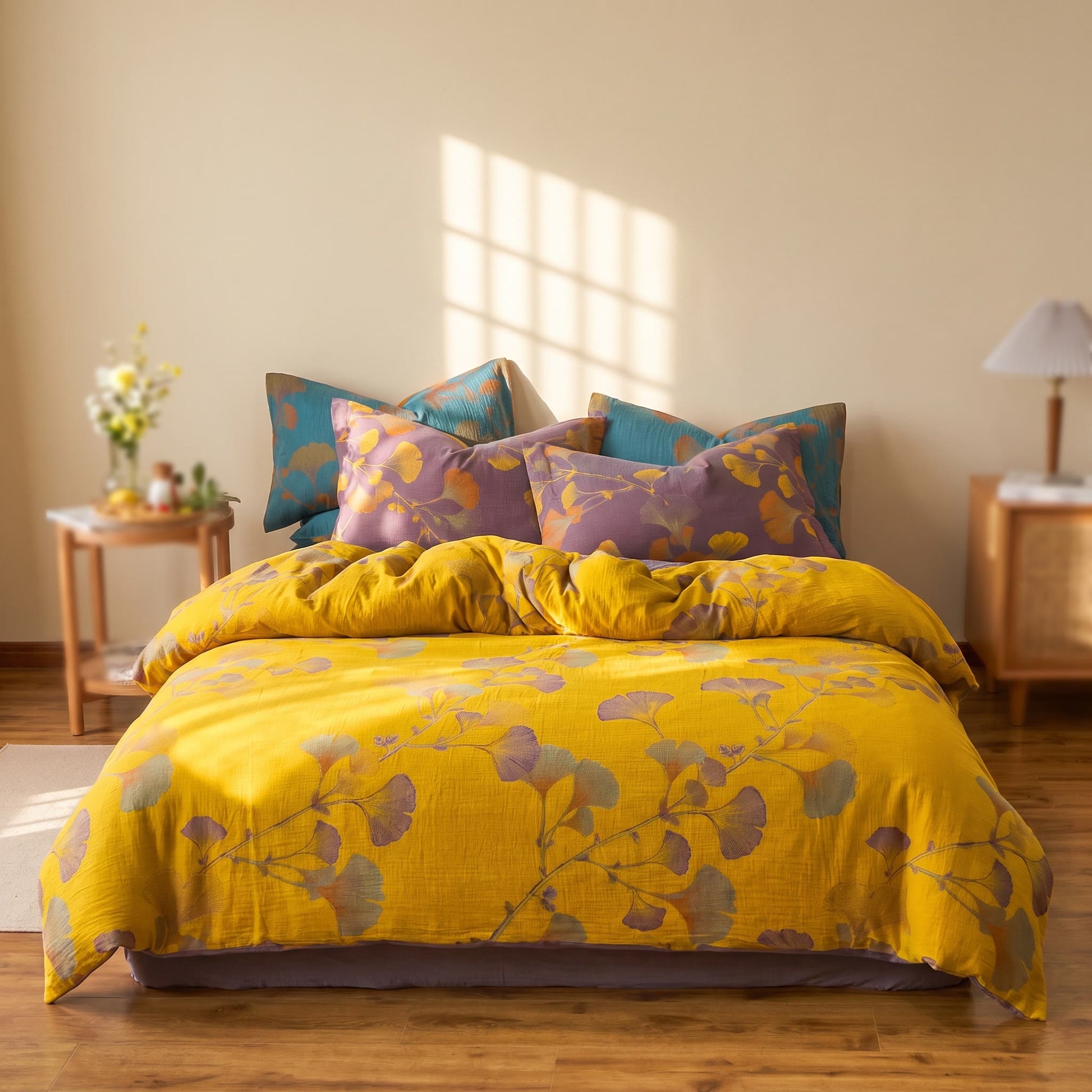 Set di biancheria da letto vintage in cotone con foglie di ginkgo - Giallo - Matrimoniale Grande - image 7
