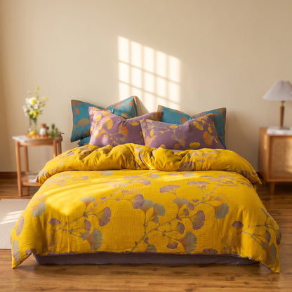 Set di biancheria da letto vintage in cotone con foglie di ginkgo - Giallo - Matrimoniale Grande - image 7