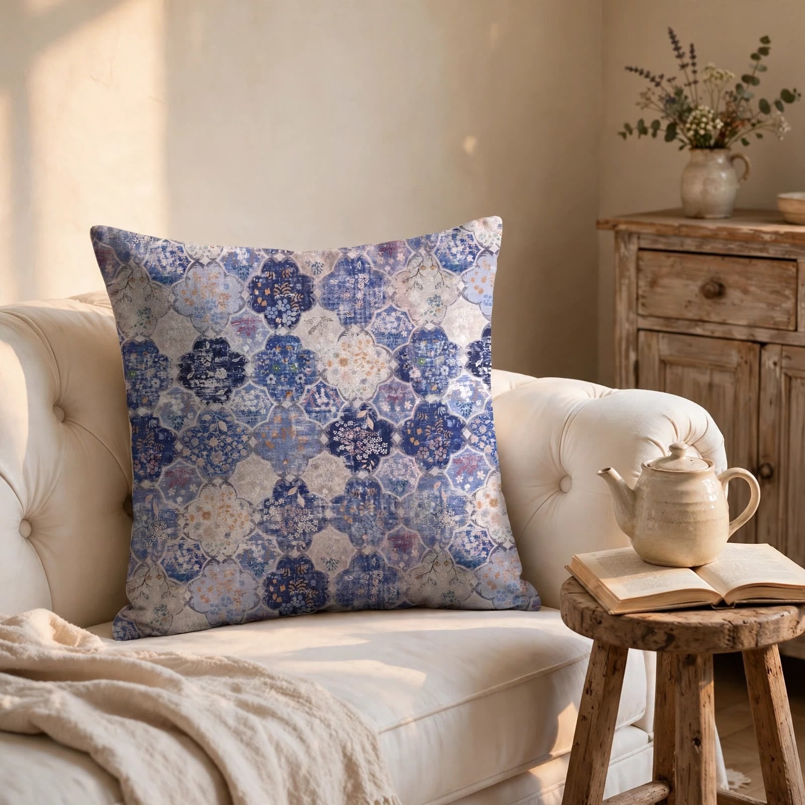 Federa per cuscino quadrata con motivo floreale in stile retrò marocchino - image 1