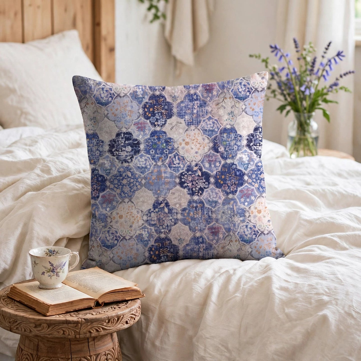 Federa per cuscino quadrata con motivo floreale in stile retrò marocchino - Blu e viola - Fodera per cuscino con imbottitura - image 0