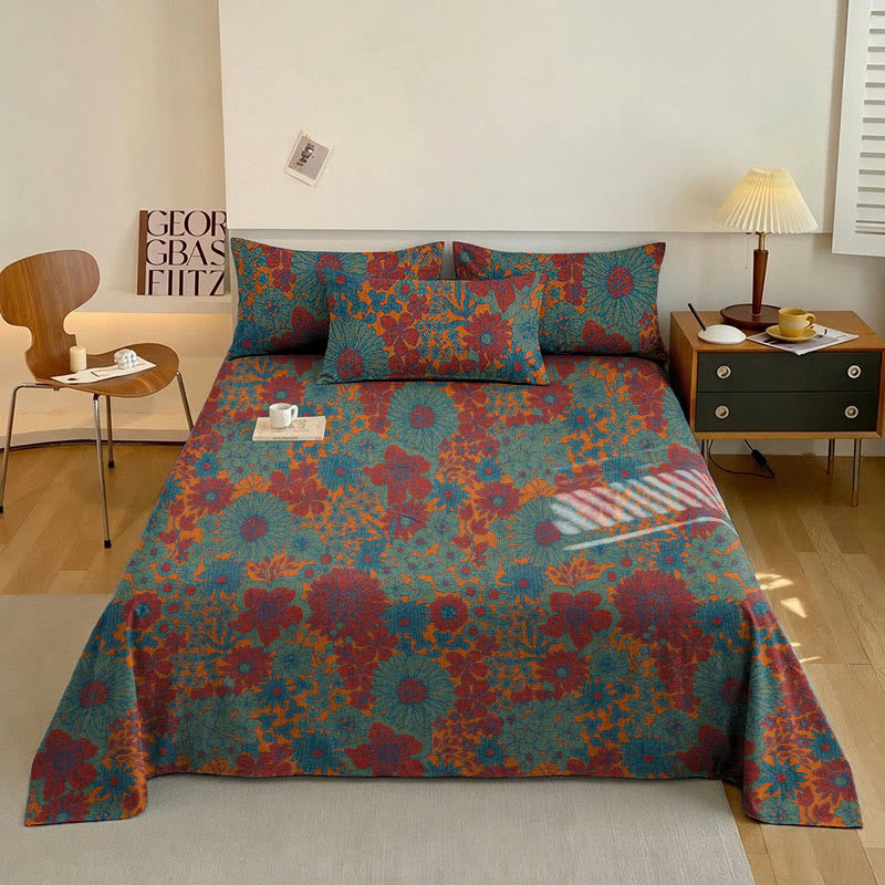 Set di biancheria da letto in garza di cotone con stampa floreale retrò - Verde - Copriletto con 2 federe - Matrimoniale Grande - image 1