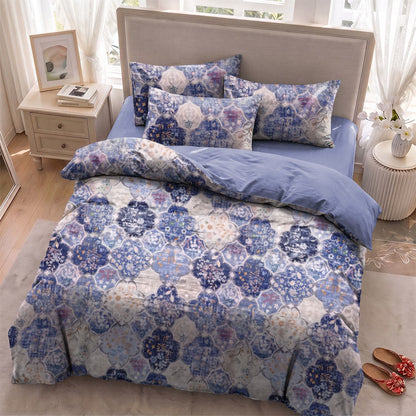 Set di biancheria da letto in garza di cotone con motivo a mosaico blu. - image 3