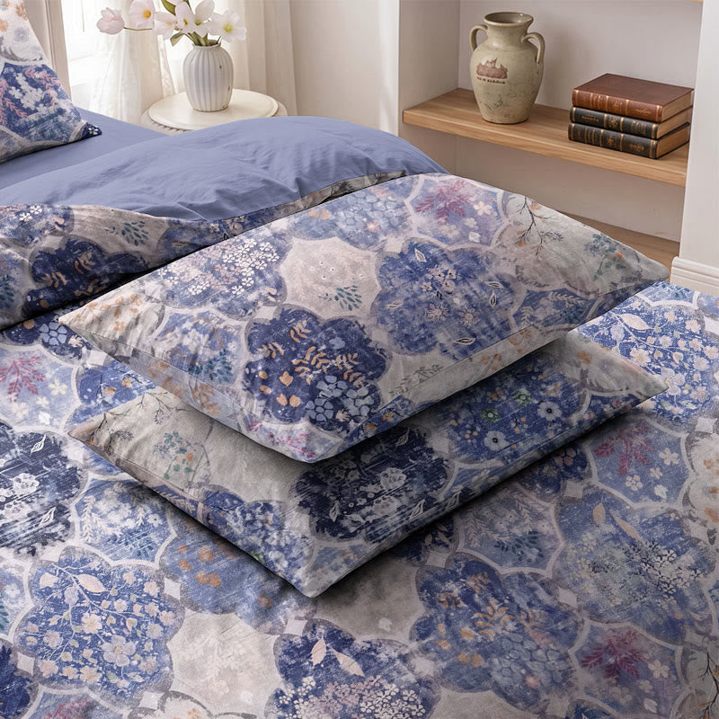 Set di biancheria da letto in garza di cotone con motivo a mosaico blu. - Blu e viola - 2 federe - 50cm x 50cm x 37" (52 cm x 93 cm) - image 4