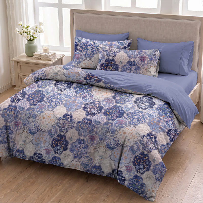 Set di biancheria da letto in garza di cotone con motivo a mosaico blu. - Blu e viola - 3 pezzi - Piazza e Mezza/Doppio - image 1