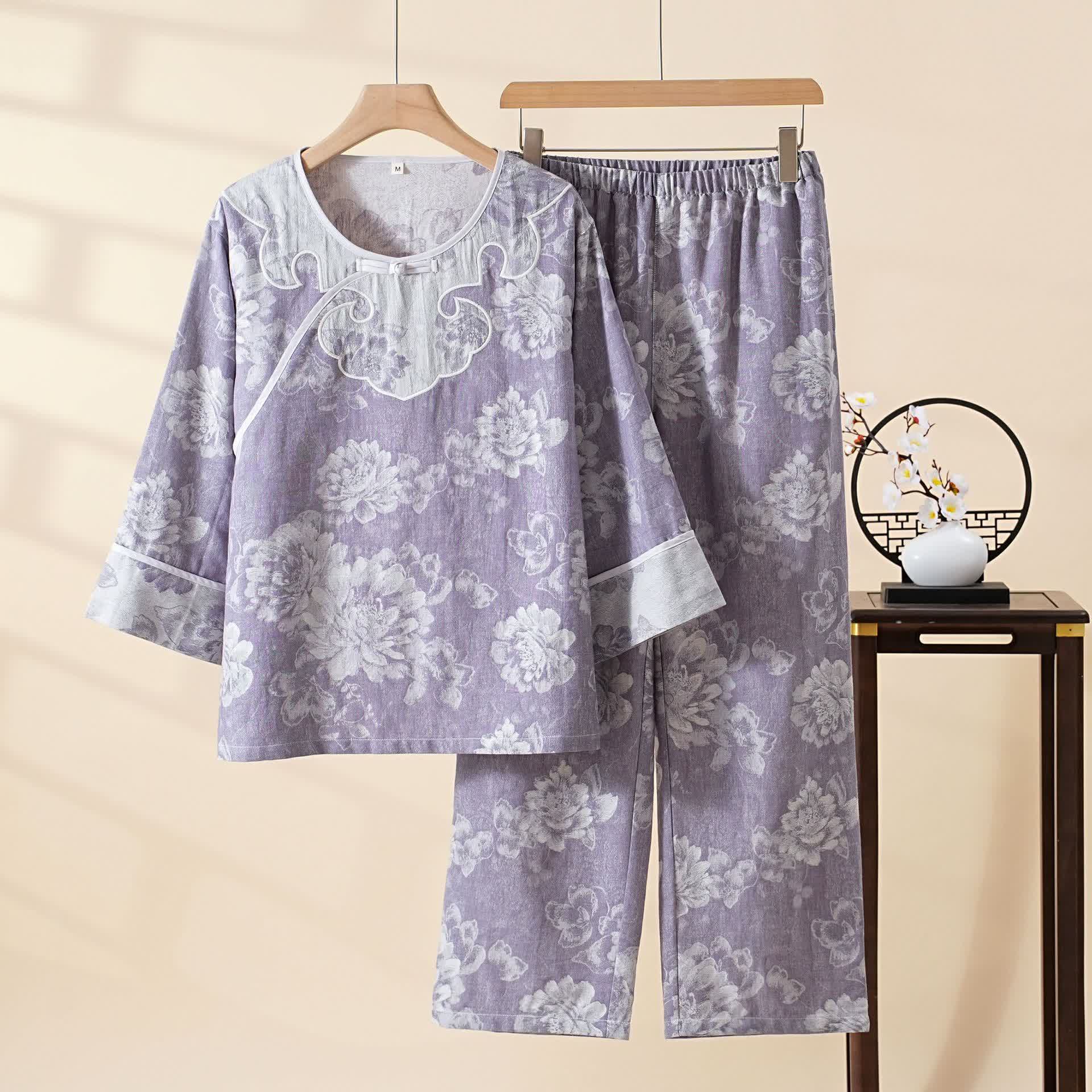Completo da casa vintage in garza di cotone jacquard con motivo peonia - Viola - 2XL - image 0