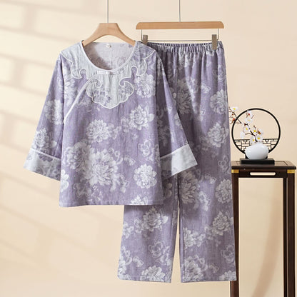 Completo da casa vintage in garza di cotone jacquard con motivo peonia - Viola - 2XL - image 0