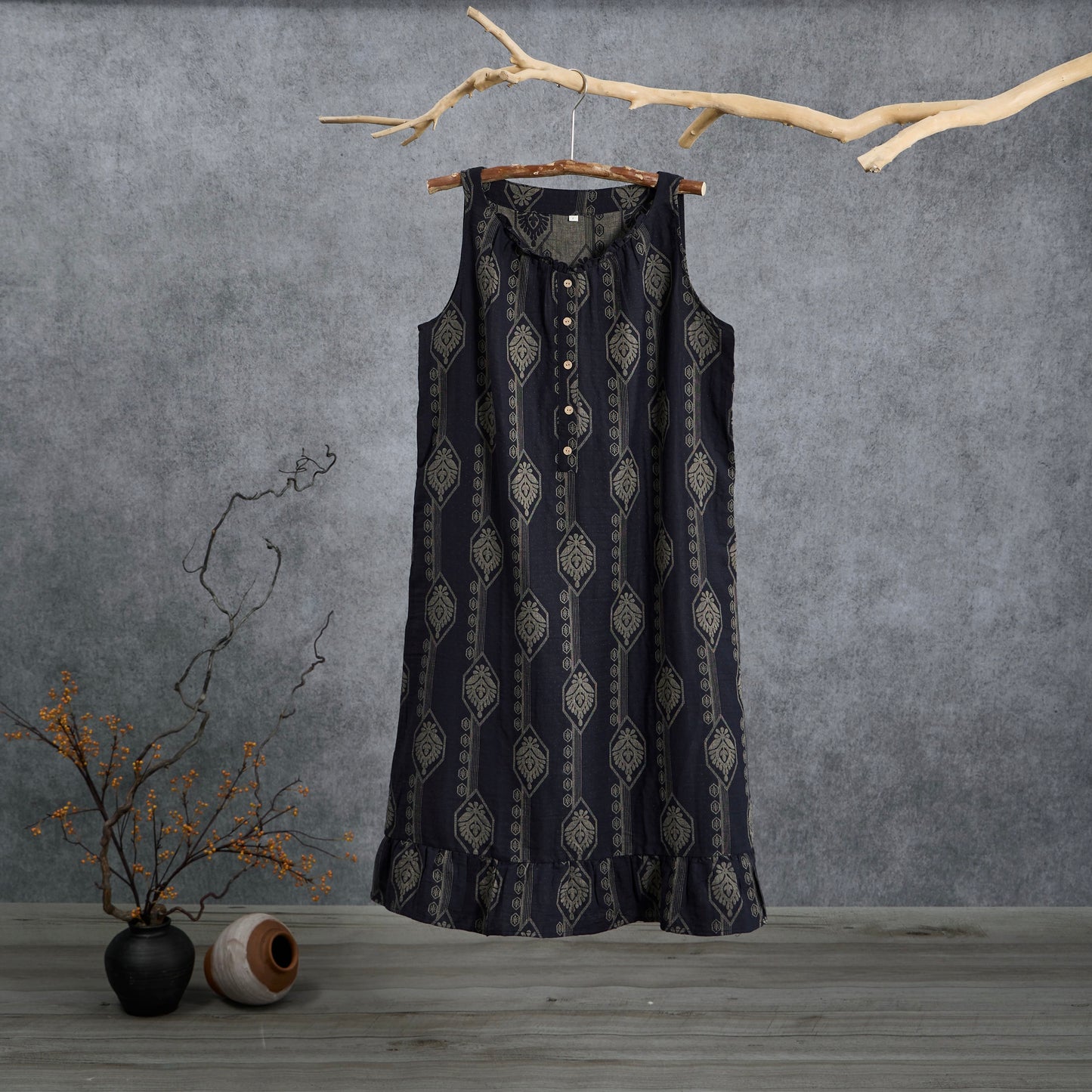 Camicia da notte vintage in cotone blu navy con motivo geometrico - Blu navy - L - image 0