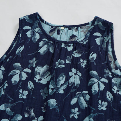 Completo da casa in cotone blu navy con canotta e stampa floreale in stile retrò. - image 2