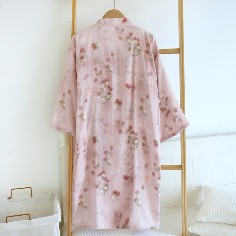 Kimono in cotone con stampa floreale di bacche rosa - image 1