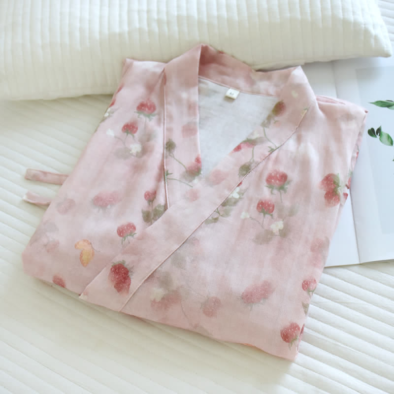 Kimono in cotone con stampa floreale di bacche rosa - image 2