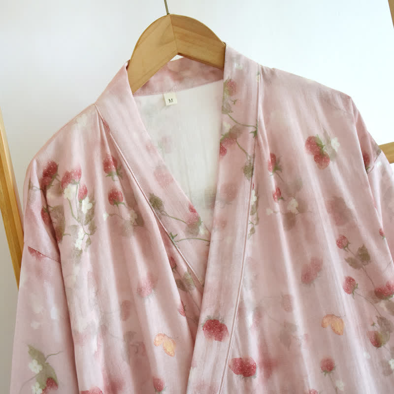 Kimono in cotone con stampa floreale di bacche rosa - image 3