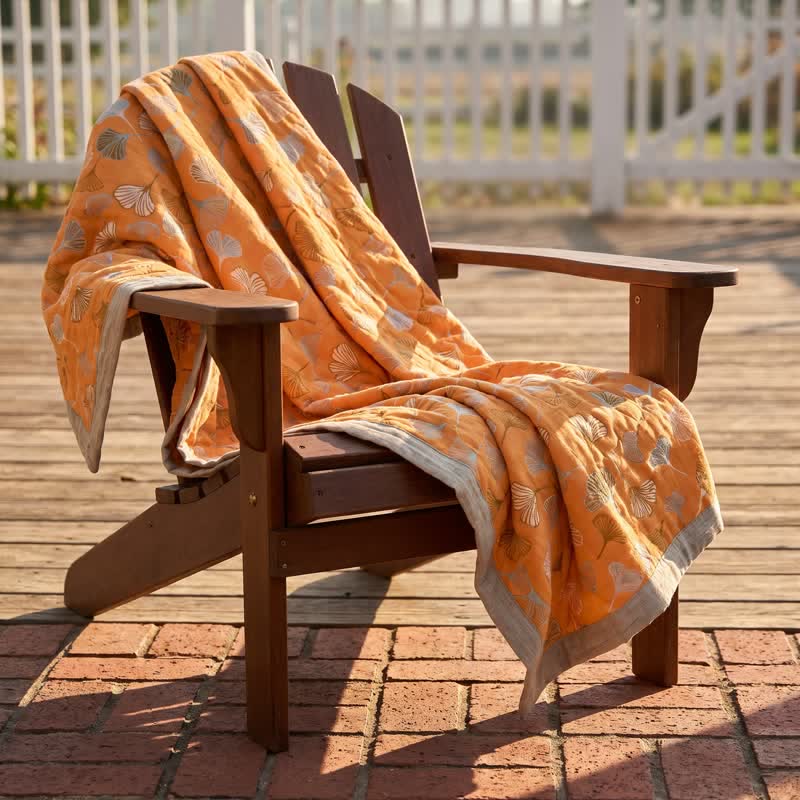 Coperta reversibile in cotone con motivo Ginkgo dorato - image 1