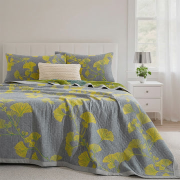 Trapunta reversibile in cotone con motivo floreale da giardino in stile retrò - Grigio chiaro - 1trapunta + 2federe - 220cm x 240cm - image 0