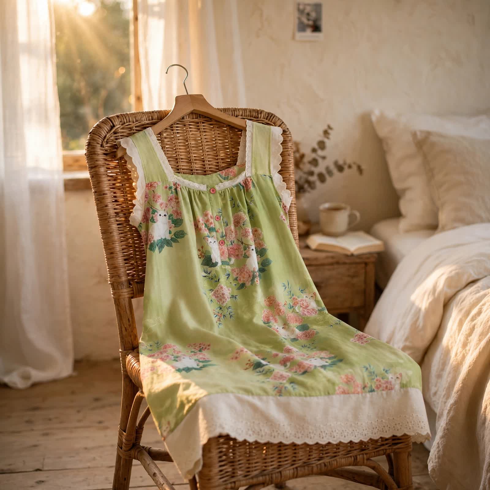 Camicia da notte senza maniche con stampa floreale e gatti - image 3