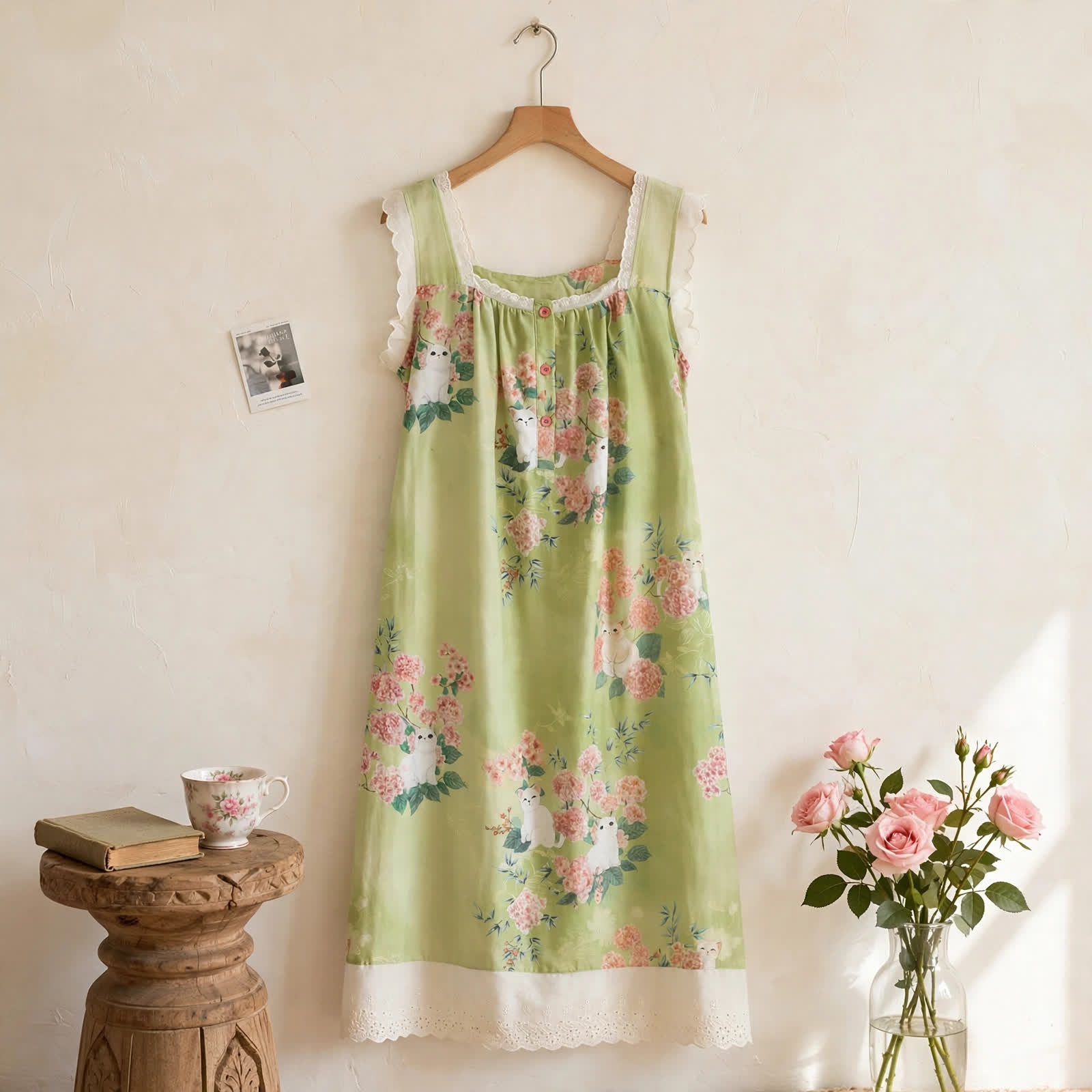 Camicia da notte senza maniche con stampa floreale e gatti - Verde chiaro - XL - image 0