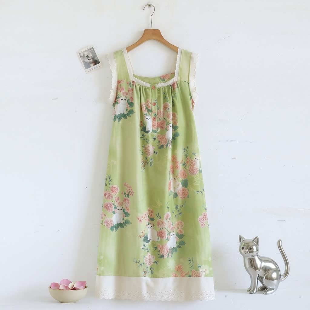 Camicia da notte senza maniche con stampa floreale e gatti - image 1