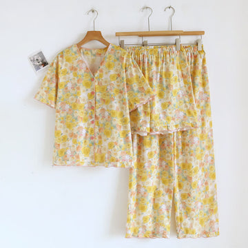 Completo da casa in cotone a 3 pezzi con rose gialle - Giallo - XL - image 0