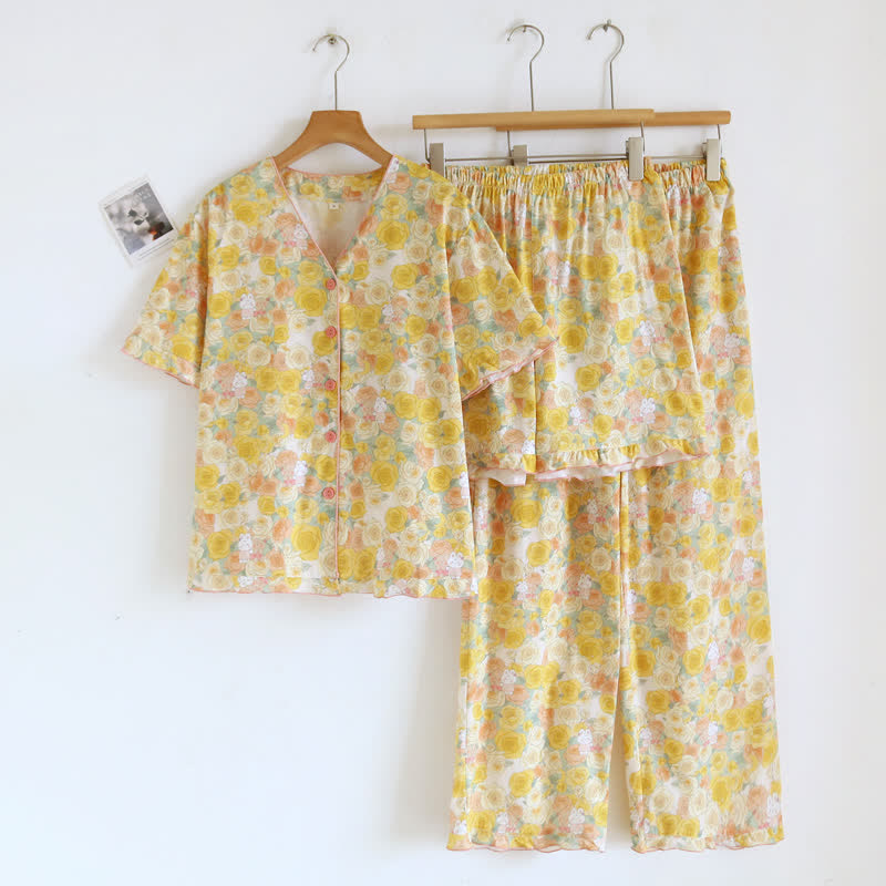Completo da casa in cotone a 3 pezzi con rose gialle - Giallo - XL - image 0