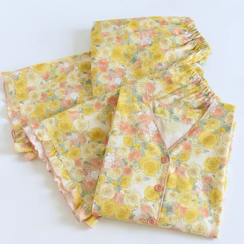 Completo da casa in cotone a 3 pezzi con rose gialle - image 2