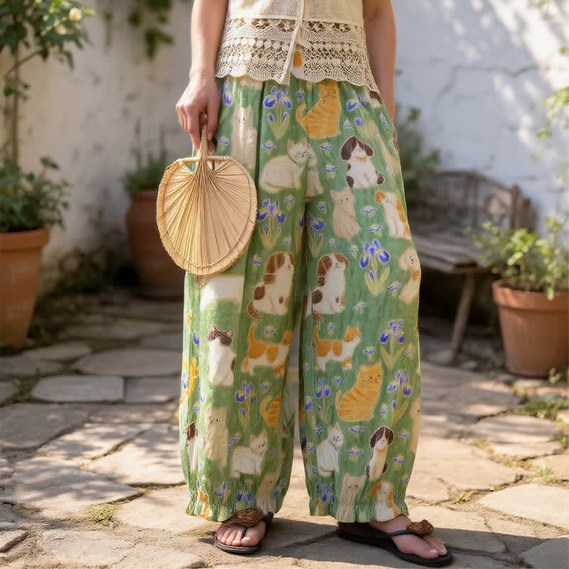 Pantaloni harem da casa con stampa di gatto verde - image 2