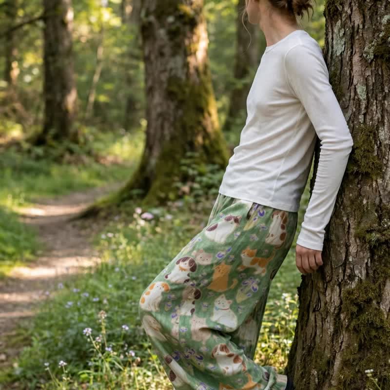 Pantaloni harem da casa con stampa di gatto verde - image 4