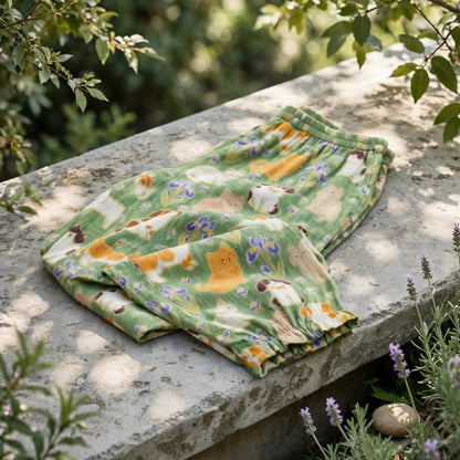 Pantaloni harem da casa con stampa di gatto verde - image 1