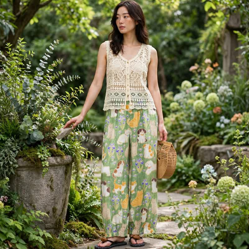 Pantaloni harem da casa con stampa di gatto verde - image 3