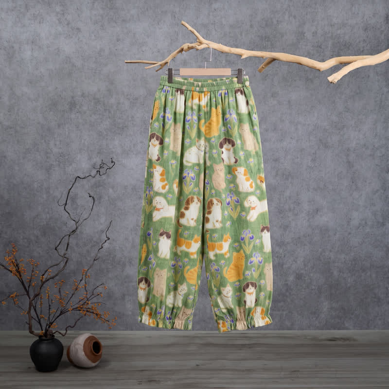 Pantaloni harem da casa con stampa di gatto verde - Verde - XL - image 0