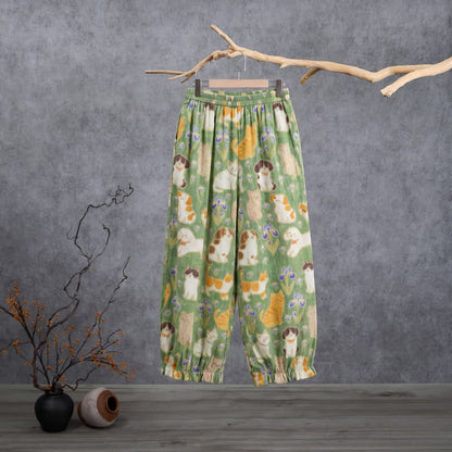 Pantaloni harem da casa con stampa di gatto verde - Verde - XL - image 0