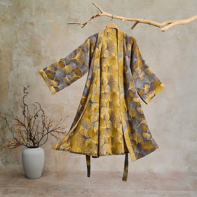 Accappatoio vintage in doppia garza di cotone con foglie di ginkgo - Marrone chiaro - 2XL - image 6