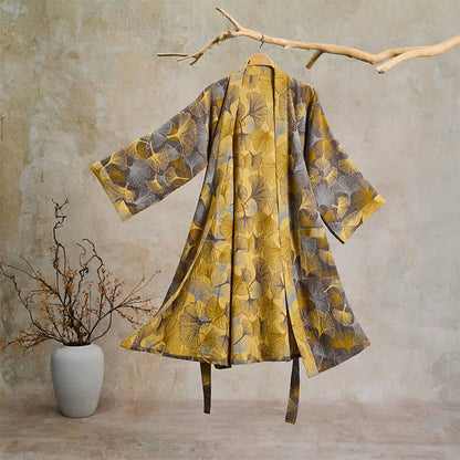 Accappatoio vintage in doppia garza di cotone con foglie di ginkgo - Marrone chiaro - 2XL - image 6
