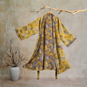 Accappatoio vintage in doppia garza di cotone con foglie di ginkgo - Giallo - 2XL - image 0
