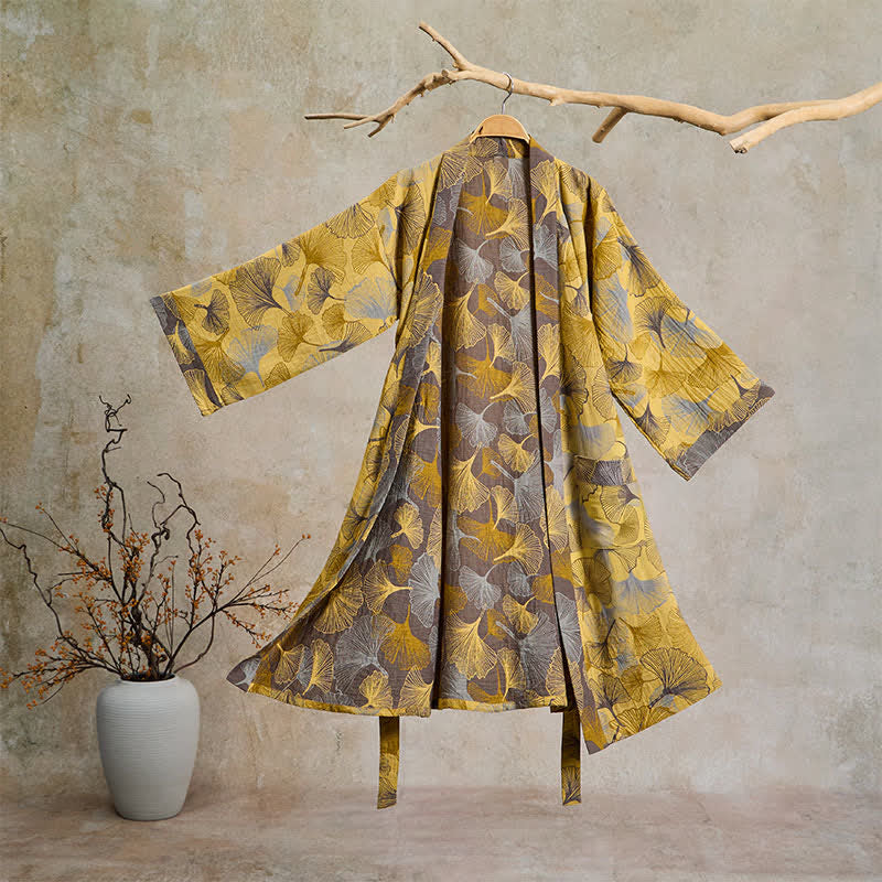 Accappatoio vintage in doppia garza di cotone con foglie di ginkgo - Giallo - 2XL - image 0