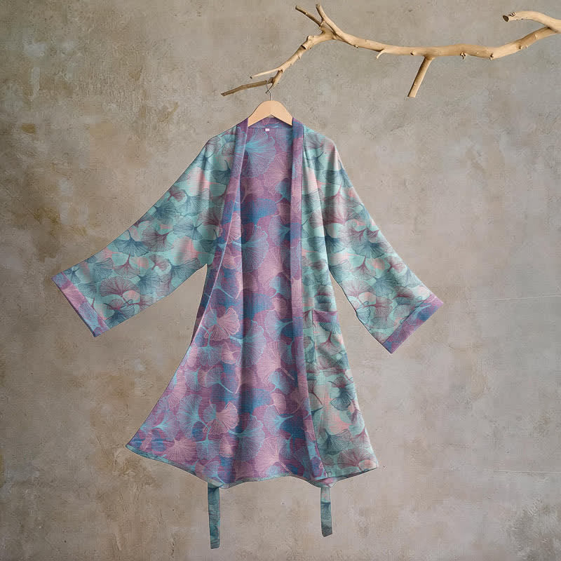 Kimono in cotone con foglie di ginkgo da sogno - Menta e lavanda - 2XL - image 0