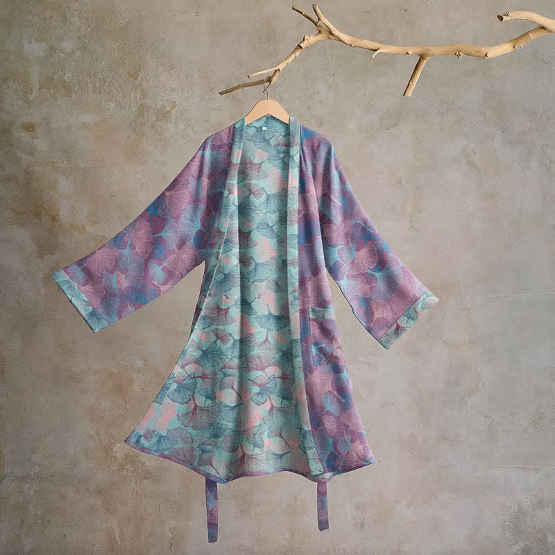Kimono in cotone con foglie di ginkgo da sogno - Lavanda e menta - 2XL - image 6