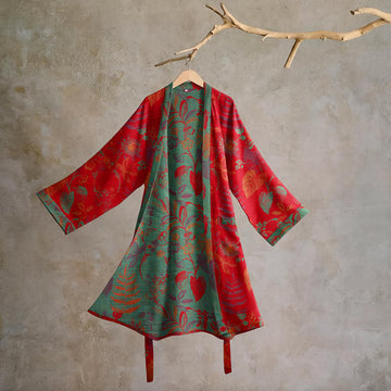 Kimono in cotone jacquard con motivo a foglie retrò - Rosso e verde - 2XL - image 0