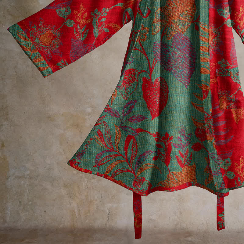 Kimono in cotone jacquard con motivo a foglie retrò - image 4