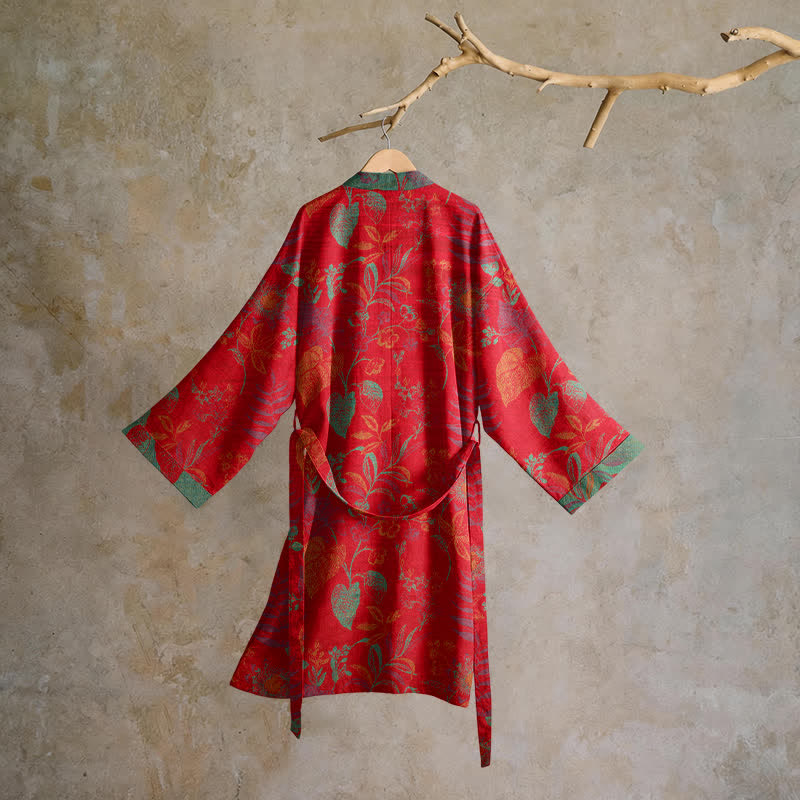 Kimono in cotone jacquard con motivo a foglie retrò - image 1
