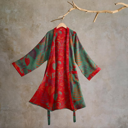 Kimono in cotone jacquard con motivo a foglie retrò - Verde e rosso - 2XL - image 6