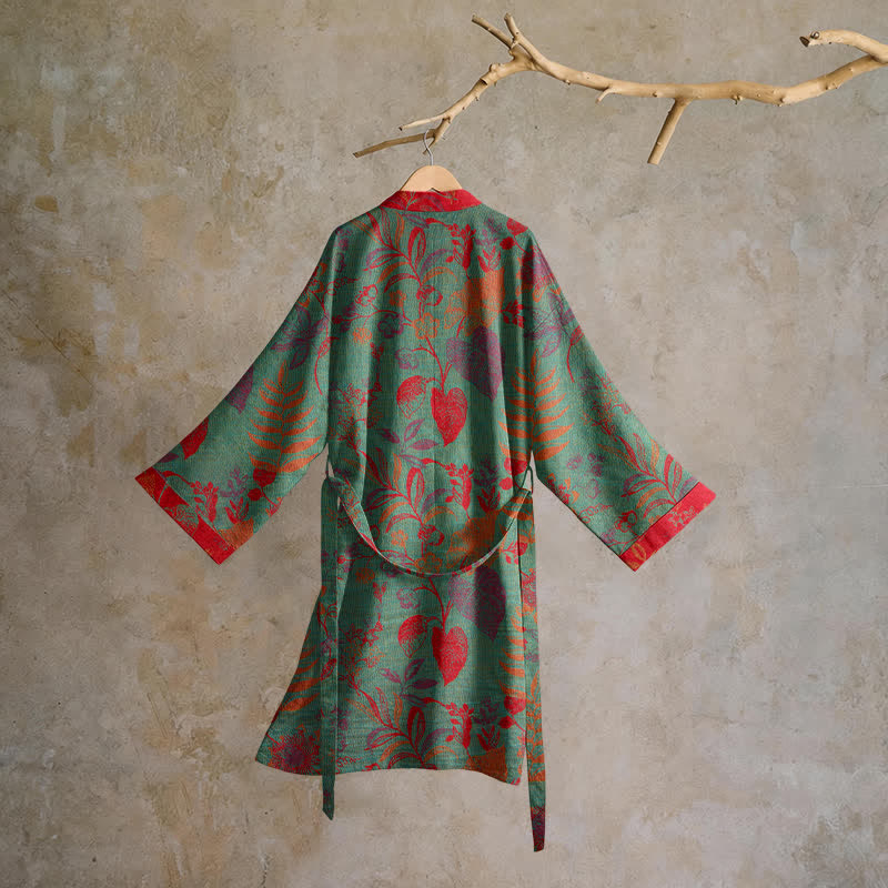 Kimono in cotone jacquard con motivo a foglie retrò - image 7