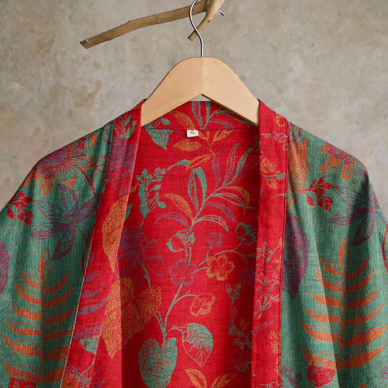 Kimono in cotone jacquard con motivo a foglie retrò - image 8