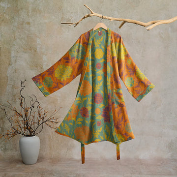 Accappatoio vintage in cotone con stampa floreale - Arancione e verde acqua - XL - image 0