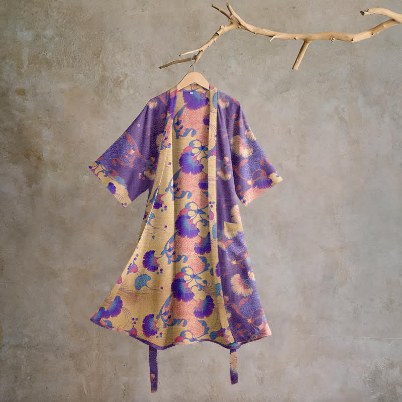 Kimono da casa in garza di cotone a fantasia floreale - Viola - XL - image 0