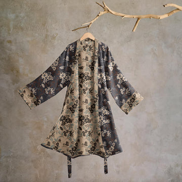 Kimono vestaglia in cotone con stampa floreale color moka - Marrone - L - image 0