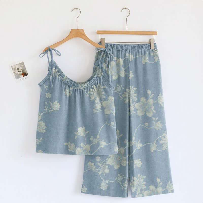 Completo da casa in cotone con stampa floreale vintage - Blu - XL - image 0