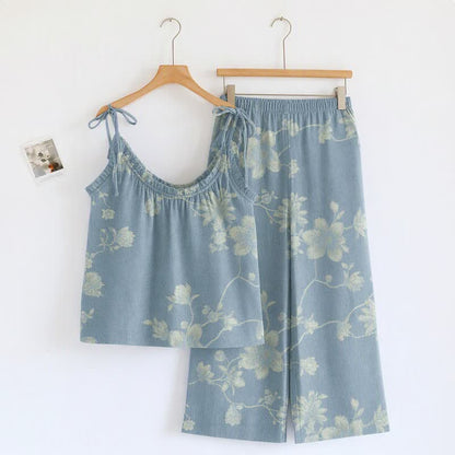 Completo da casa in cotone con stampa floreale vintage - Blu - XL - image 0