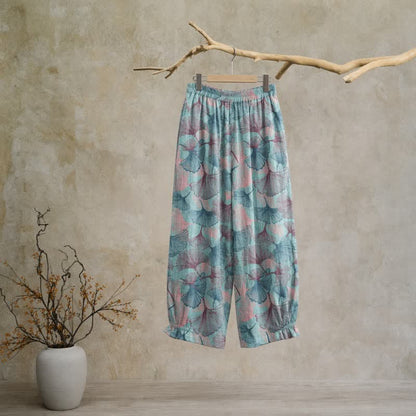 Pantaloni da casa vintage in cotone con foglie di ginkgo - image 1
