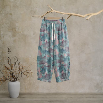 Pantaloni da casa vintage in cotone con foglie di ginkgo - Blu - XL - image 0